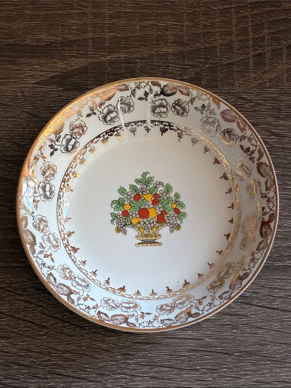 4 Vintage Pope Gosser Floral Fruit Basket Accent Side Plate WhiteGold Trim